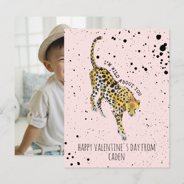 Cheetah Wild About You Classroom Valentine Photo Postcard (Front/Back)
