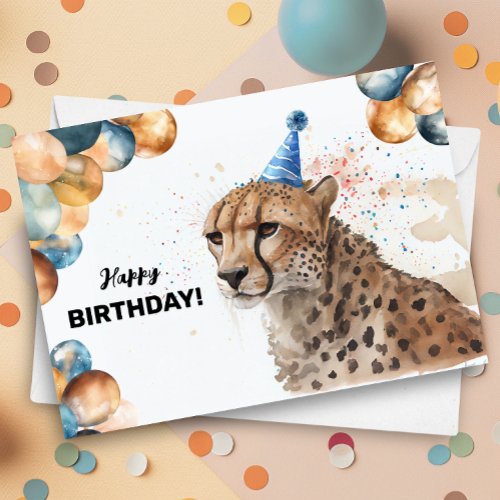 Cheetah with Balloons and Party Hat Happy Birthday Card