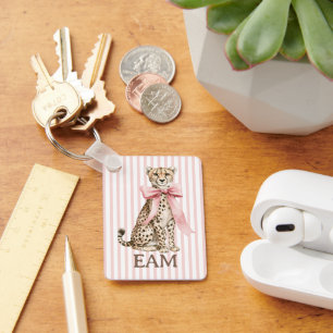 Cheetah With Pink Bow and Stripes Monogram Keychain