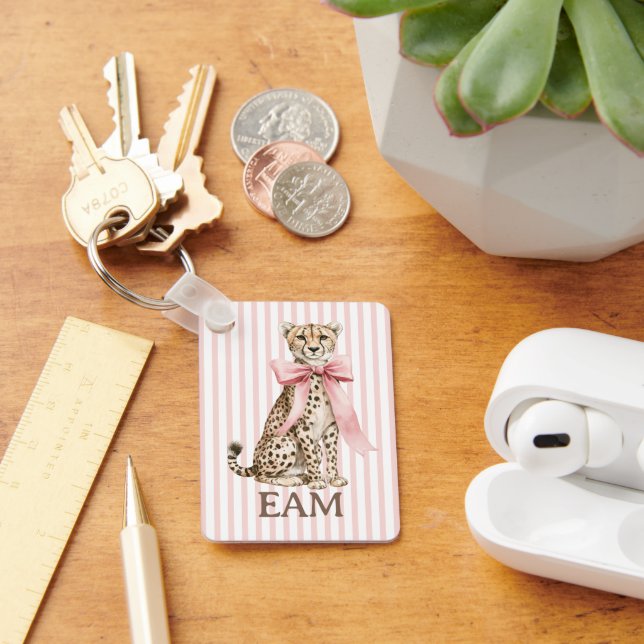 Cheetah With Pink Bow and Stripes Monogram Keychain (Desk)