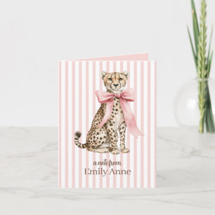 Cheetah With Pink Bow and Stripes Monogram Note Card