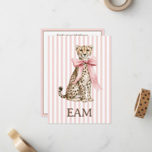 Cheetah With Pink Bow and Stripes Monogram Note Card
