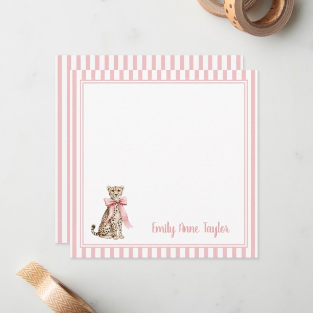 Cheetah With Pink Bow and Stripes Note Card (Front/Back In Situ)