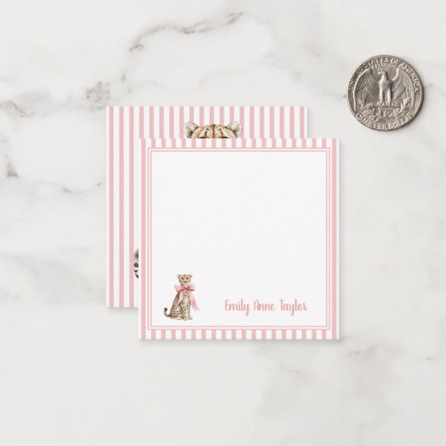 Cheetah With Pink Bow and Stripes Note Card (Front/Back In Situ)