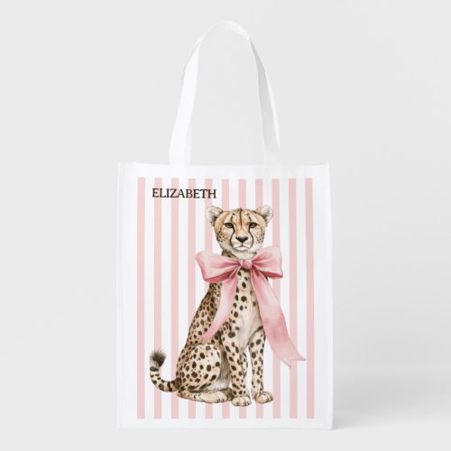 Cheetah With Pink Bow and Stripes Personalized Grocery Bag