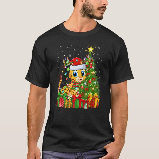 Cheetah  Xmas Holiday Santa Cheetah Christmas Tree T-Shirt (Front)