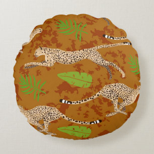 Cheetahs Leaves: Vintage Graphic Seamless Round Pillow