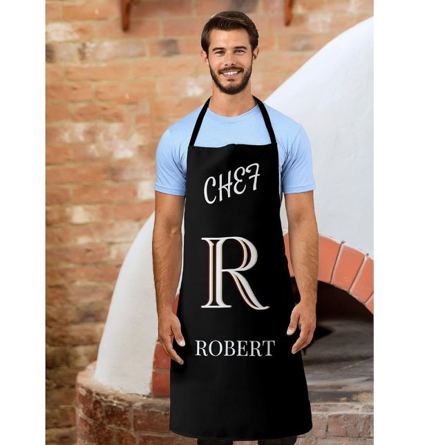 Chef Black and White Custom Monogram and Name  Apron (Creator Uploaded)