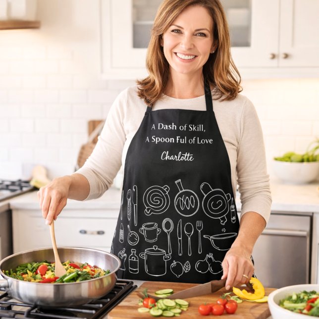 Chef black white kitchen utensils slogan script apron (Creator Uploaded)