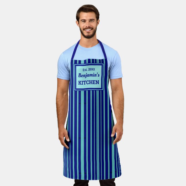 Chef Blue Stripe Geometric Pattern Personalize Apron (Worn)