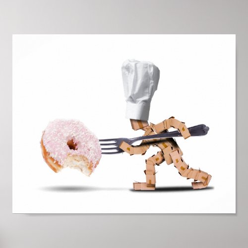 Chef box character attacking a large donut poster