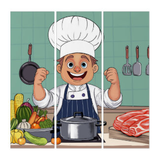 Chef cartoon procreate hand drawing triptych