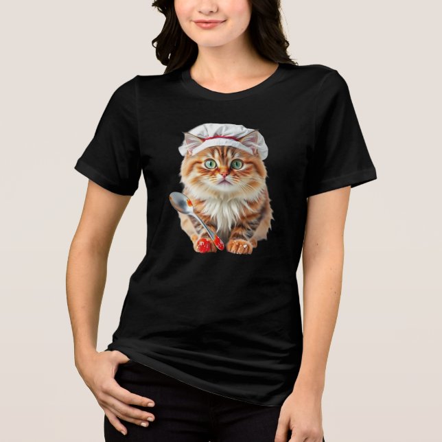 Chef Cat with Flour Hat and Spoon – Cooking Cat  Tri-Blend Shirt (Front)