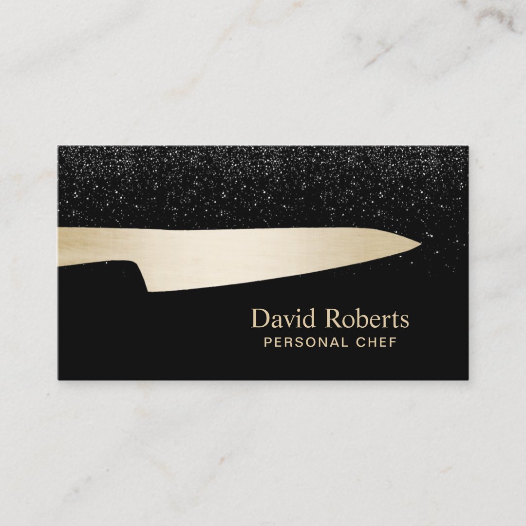 Chef Catering Gold Knife Modern Black Glitter Business Card Zazzle