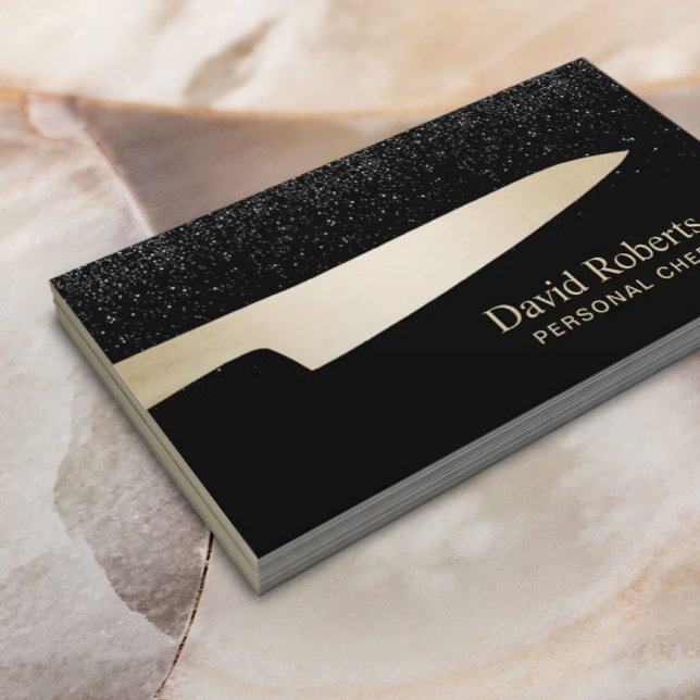 Chef Catering Gold Knife Modern Black Glitter Business Card (Creator Uploaded)