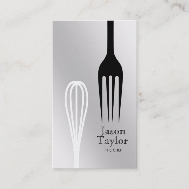 Chef Catering Restaurant Bake Fork Whisk Gray Business Card (Front)