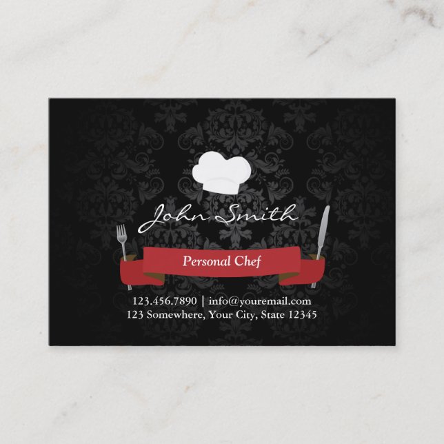 Chef Catering Restaurant Elegant Black Damask Business Card (Front)