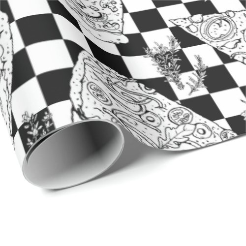 Chef Checkerboard Black White Pizza Pattern Wrapping Paper