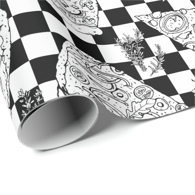 Chef Checkerboard Black White Pizza Pattern Wrapping Paper (Roll Corner)