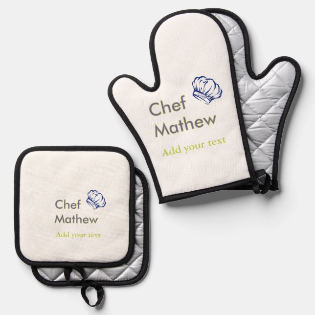 Chef cook add name text men kitchen bakery  oven mitt & pot holder set (Front/Back)