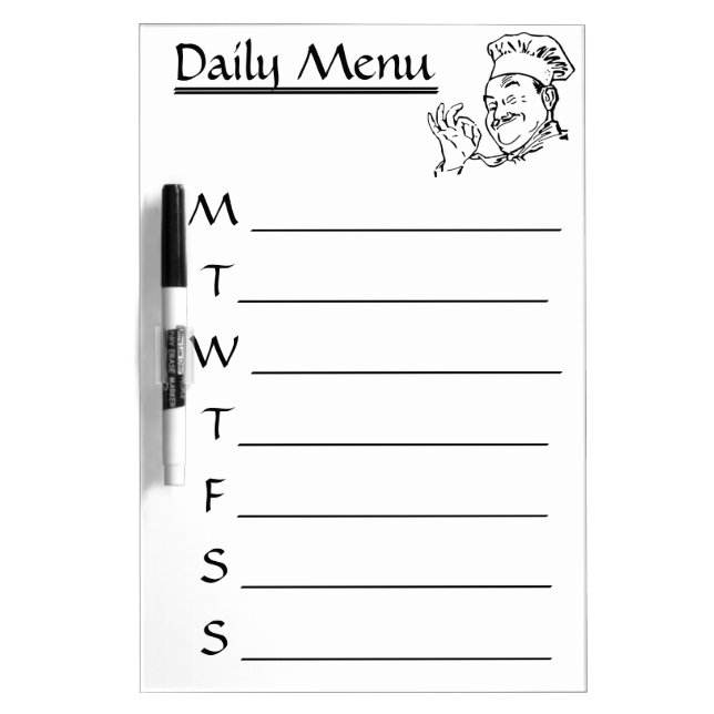 Chef Daily Menu Weekly Menu calendar Dry Erase Board (Front)