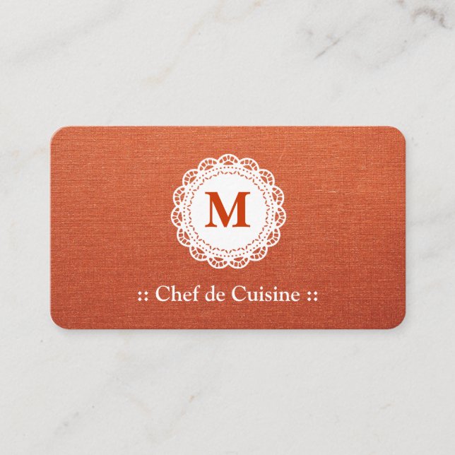 Chef de Cuisine Elegant Lace Monogram Business Card (Front)