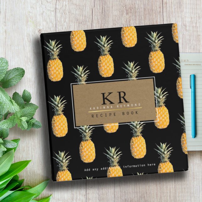 Chef elegant monogram with pineapples, recipe 3 ring binder (Creator Uploaded)