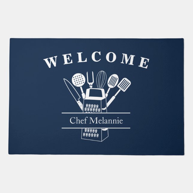 Chef Elegant Welcome Navy Blue Doormat (Front)