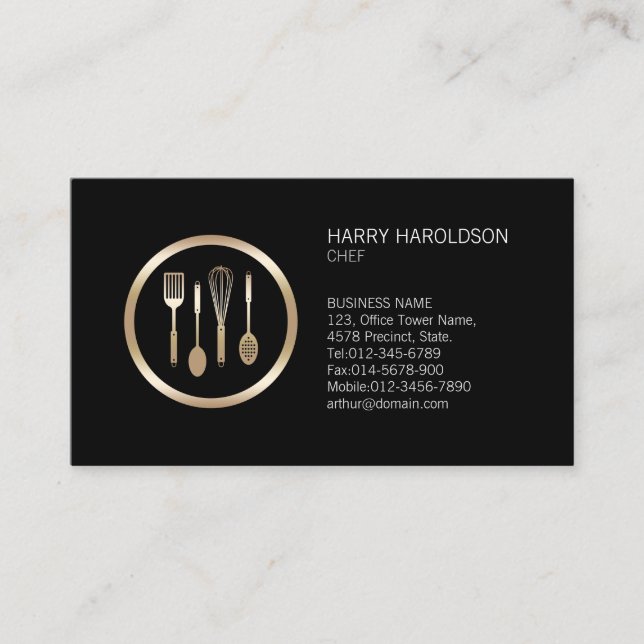 Chef Faux Gold Cooking Utensils Business Card (Front)