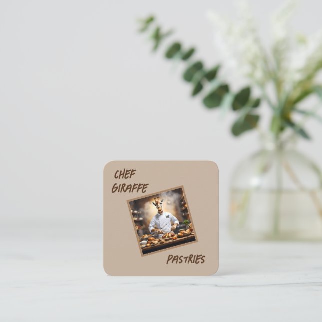 Chef Giraffe Bakes Pastries, Square Business Card (Standing Front)