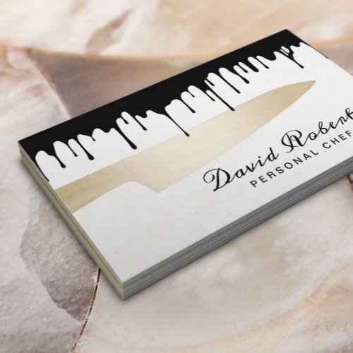 Chef Gold Knife Catering Modern Black Dripping Business Card
