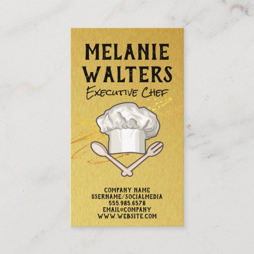 Chef Hat and Cooking Utensils Logo  Gold Business Card