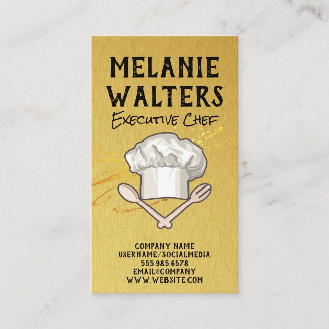 Chef Hat and Cooking Utensils Logo | Gold Business Card (Front)