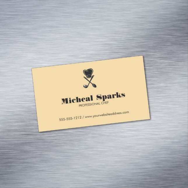 Chef hat and spoons silhouette beige business card magnet (In Situ)