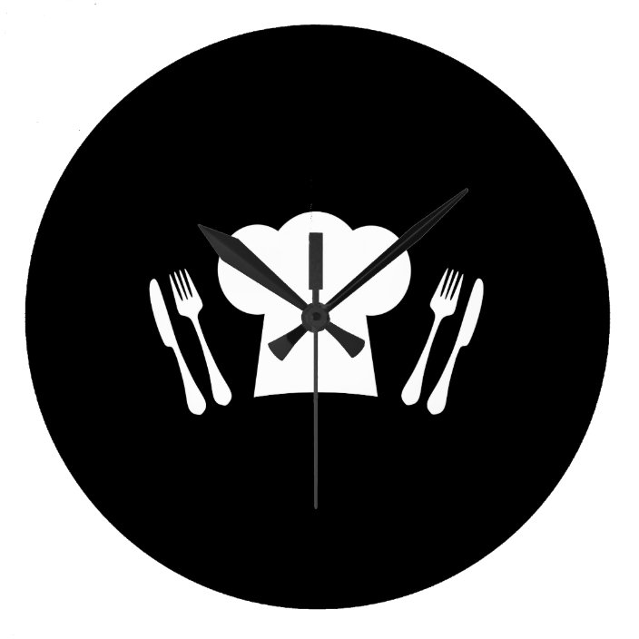 Chef Hat Knife And Fork Kitchen Or Restaurant Large Clock Zazzle
