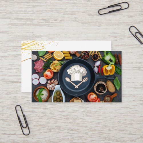 Chef Hat Logo  Frying Pan  Food Vegetables Business Card