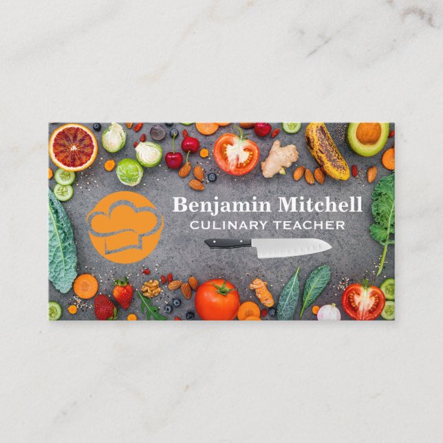Chef Hat Logo | Knife Vegetables Business Card (Front)