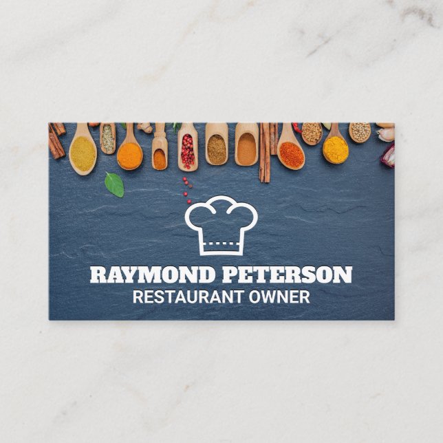 Chef Hat Logo | Spices on Wooden Spoons Business Card (Front)