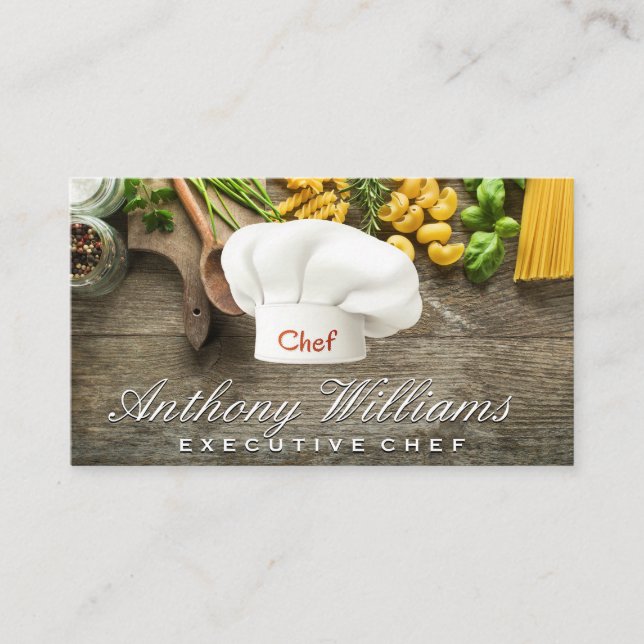 Chef Hat Logo | Wooden Table of Pastas Business Card (Front)