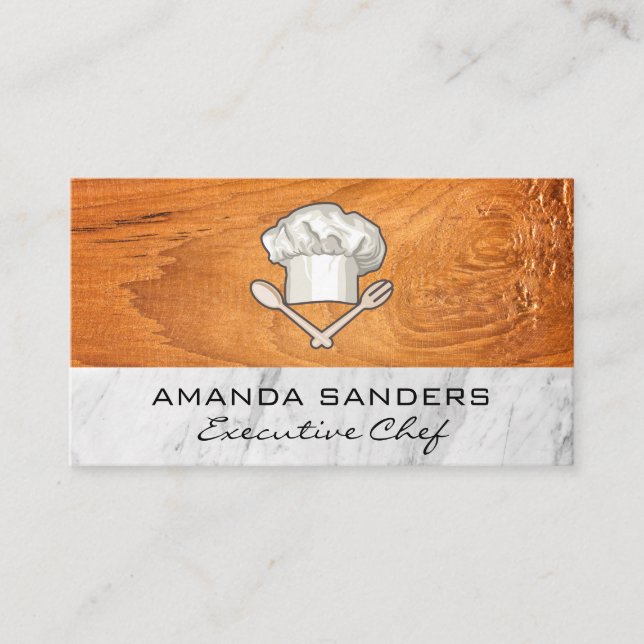 Chef Hat Spoon Fork | Wood Marble Business Card (Front)