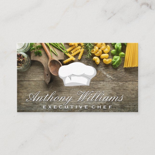 Chef Hat | Wooden Table of Pastas Business Card (Front)