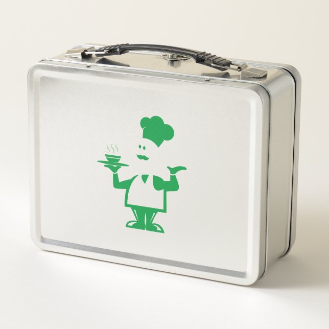 Chef holding a bowl of soup metal lunch box (Back)