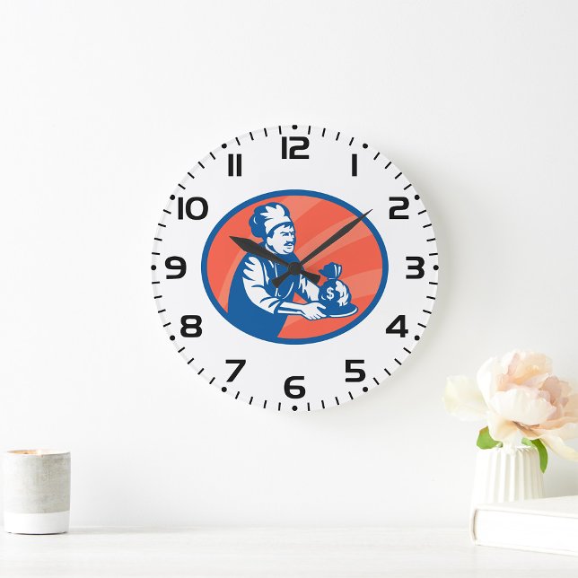 Chef Holding Money Bag Restaurant Finance  Large Clock (Creator Uploaded)
