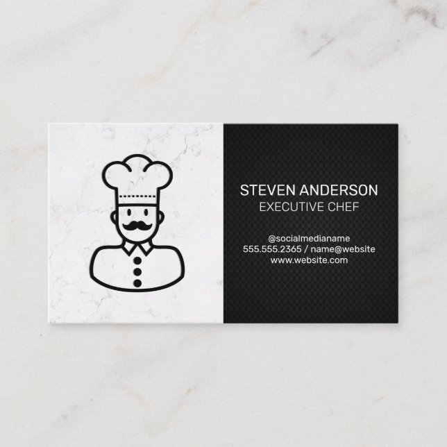Chef Icon | Marble and Black Mesh Business Card (Front)