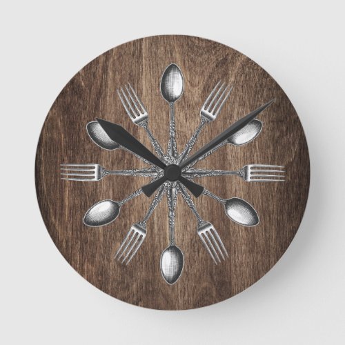 Chef Kitchen Utensils Elegant Dark Wood Round Clock