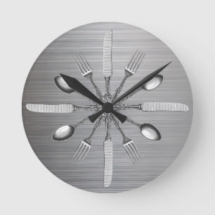 Chef Kitchen Utensils Faux Metal Steel Round Clock