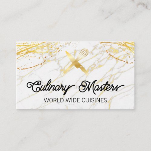 Chef Knife and Whisk  Gold Marble Business Card