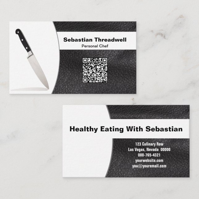Chef Knife Faux Leather Custom Photo QR Code Business Card (Front/Back)