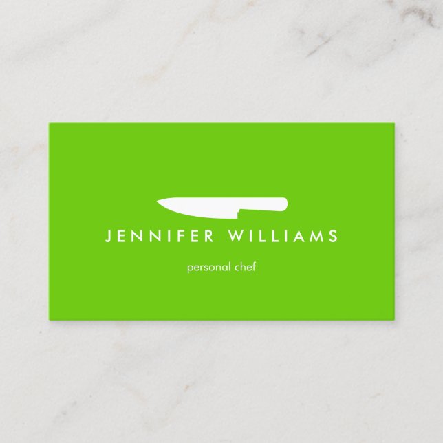 Chef Knife on Green for Catering, Restaurant Business Card (Front)