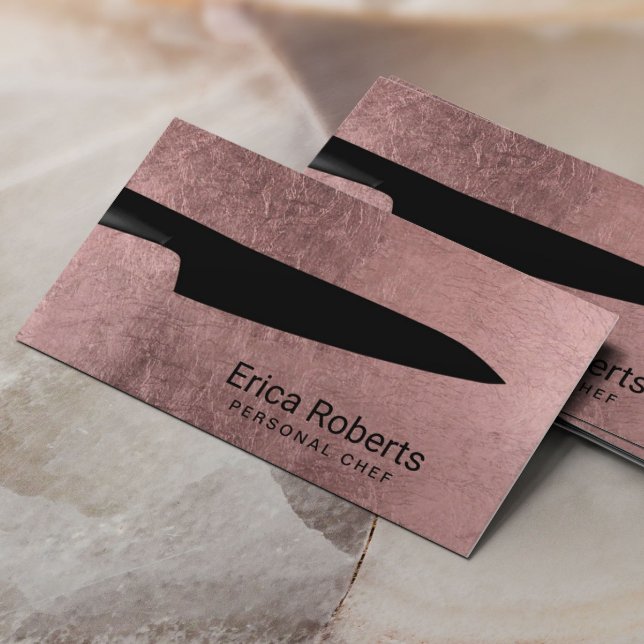 Chef Modern Rose Gold Black Knife Catering Business Card